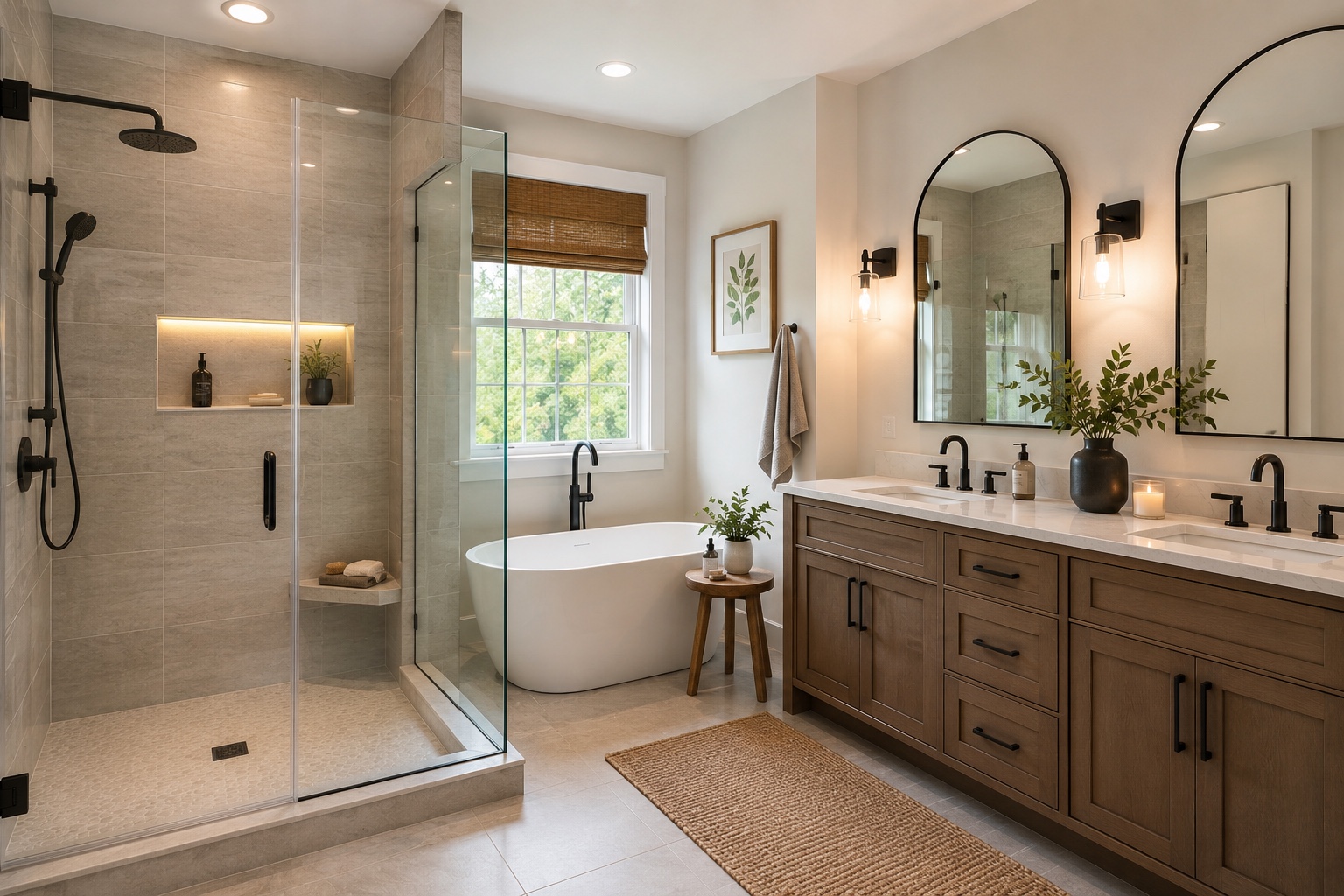 Spacious primary bathroom remodel with walk-in shower, freestanding tub, double vanity, and warm wood cabinetry
