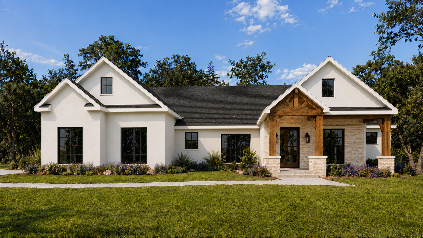 Single-story custom home concept with warm white stucco, a limestone entry, cedar porch framing and black windows