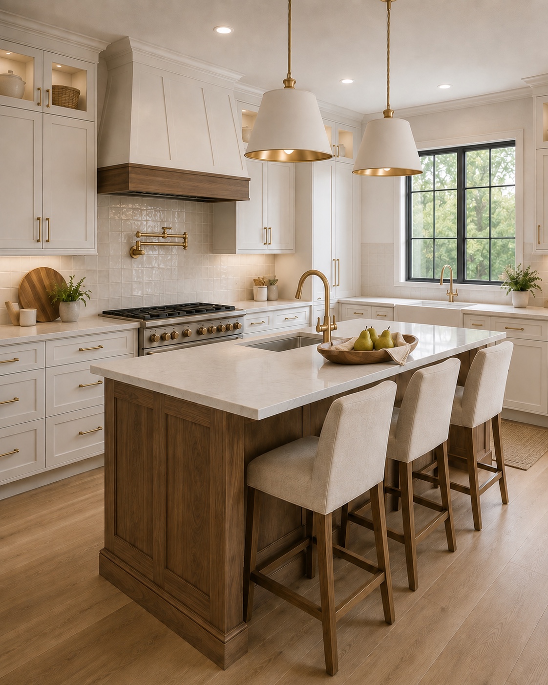 Finished kitchen remodel with white cabinetry, wood island, quartz countertops, brass fixtures, and pendant lighting